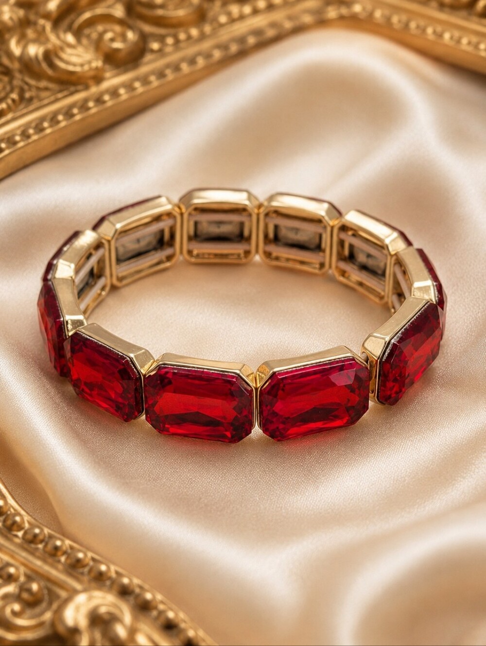 Monet Red Crystal Stretch Bracelet Gold Tone Statement Jewelry NWT Holiday Gift